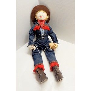 Folk Art Cowgirl Farmer Fabric Doll Pet Pig Denim Bandana Cowboy Hat Unique
